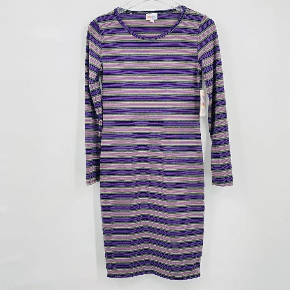 NWT Lularoe Size XS Purple Striped Long Sleeve Debbie Sheath Dress Midi